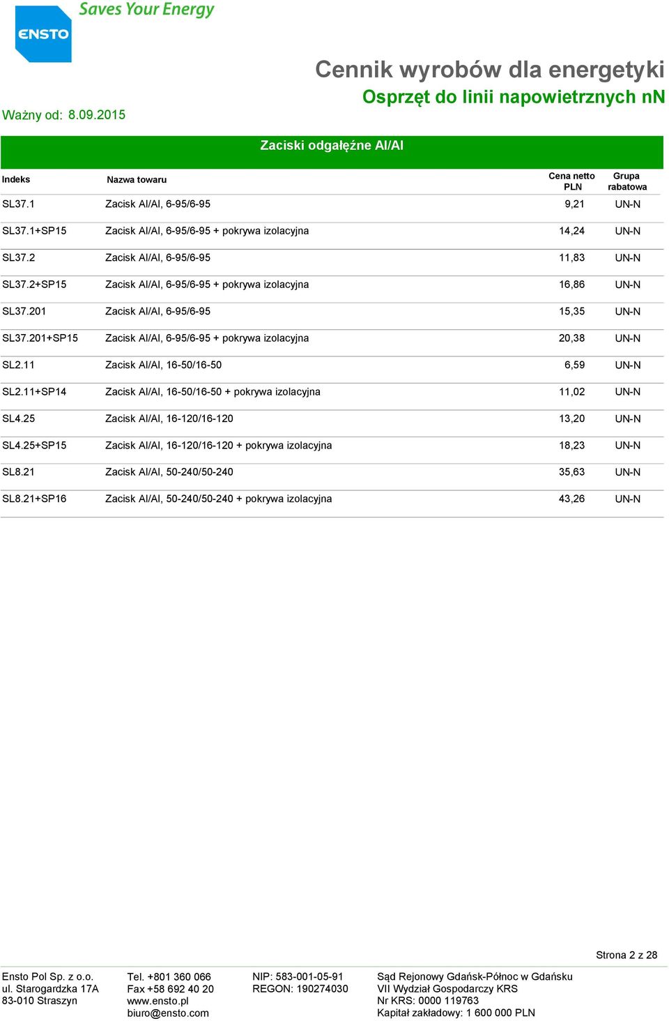 201+SP15 Zacisk Al/Al, 6-95/6-95 + pokrywa izolacyjna 20,38 UN-N SL2.11 Zacisk Al/Al, 16-50/16-50 6,59 UN-N SL2.11+SP14 Zacisk Al/Al, 16-50/16-50 + pokrywa izolacyjna 11,02 UN-N SL4.