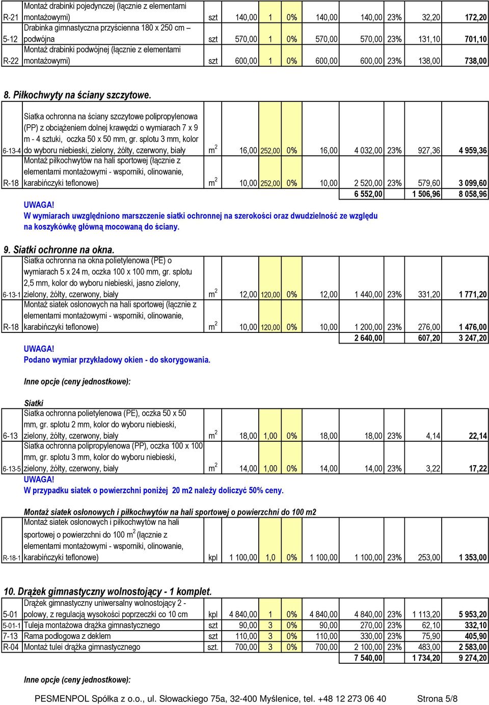 Siatka ochronna na ściany szczytowe polipropylenowa (PP) z obciążeniem dolnej krawędzi o wymiarach 7 x 9 m - 4 sztuki, oczka 50 x 50 mm, gr.