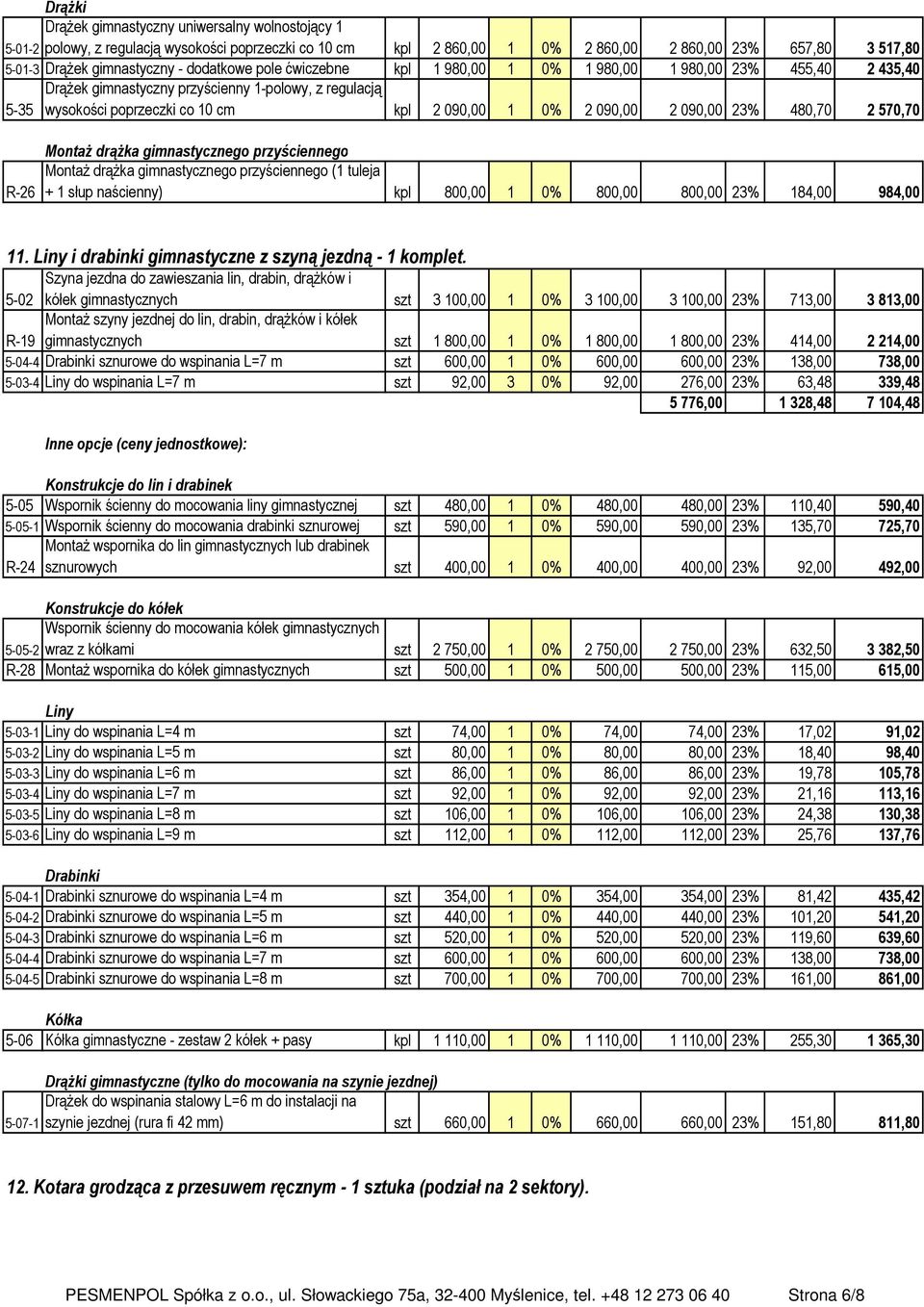 090,00 23% 480,70 2 570,70 Montaż drążka gimnastycznego przyściennego Montaż drążka gimnastycznego przyściennego (1 tuleja R-26 + 1 słup naścienny) kpl 800,00 1 0% 800,00 800,00 23% 184,00 984,00 11.