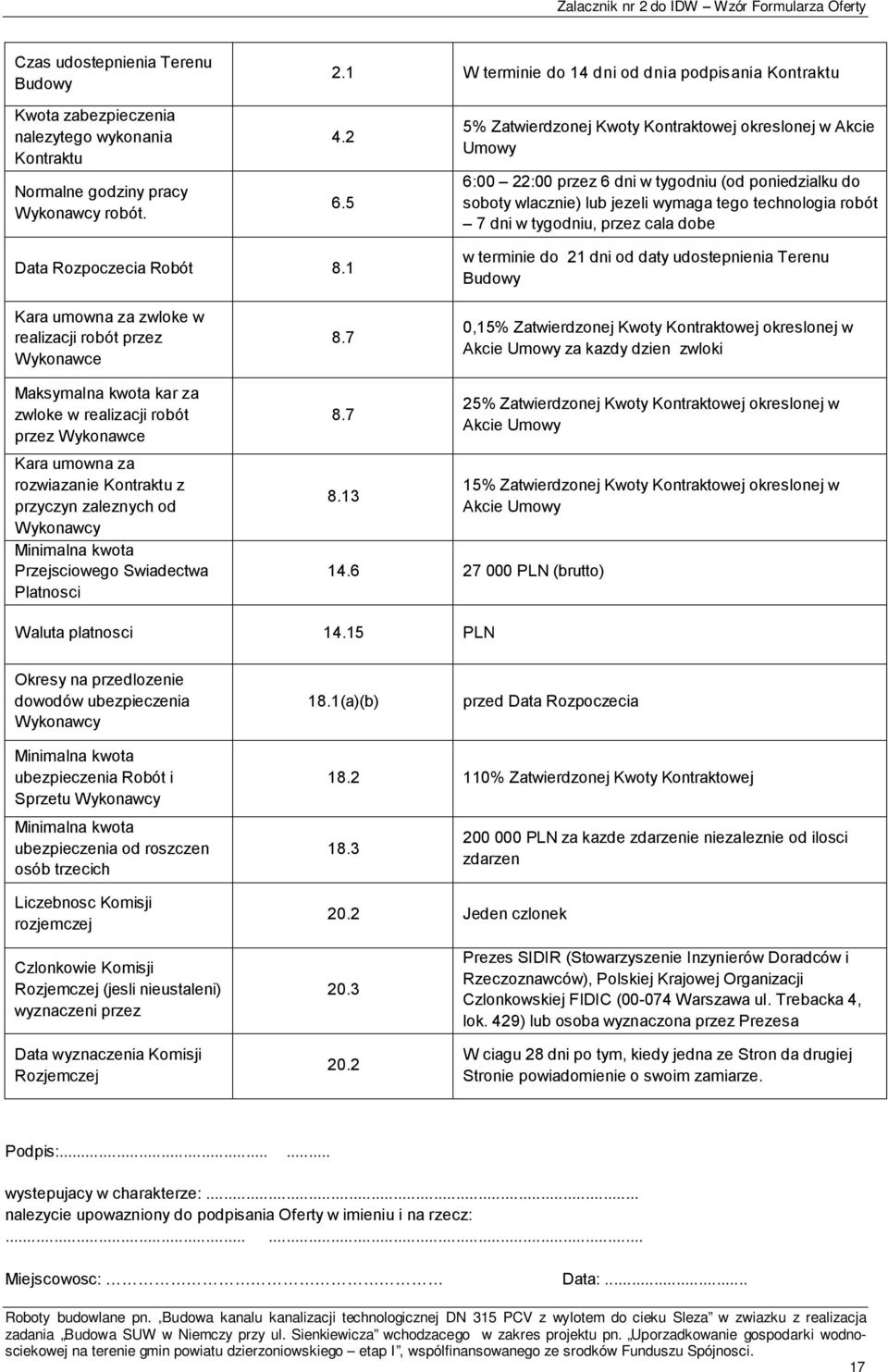 5 5% Zatwierdzonej Kwoty Kontraktowej okreslonej w Akcie Umowy 6:00 22:00 przez 6 dni w tygodniu (od poniedzialku do soboty wlacznie) lub jezeli wymaga tego technologia robót 7 dni w tygodniu, przez