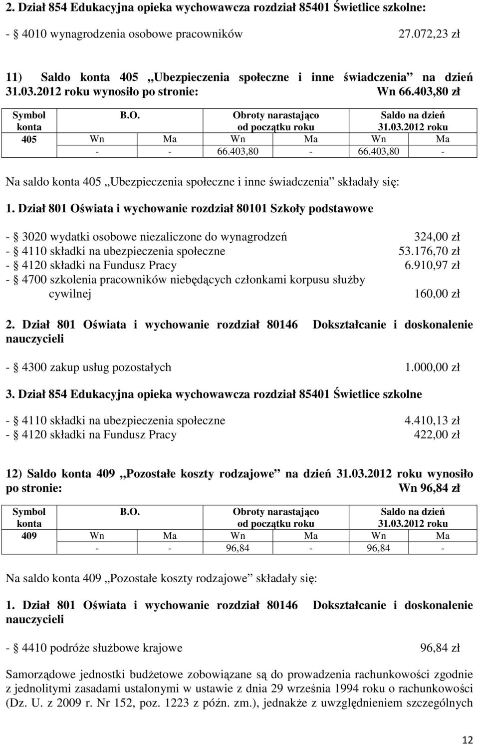 403,80 - Na saldo 405 Ubezpieczenia społeczne i inne świadczenia składały się: 1.