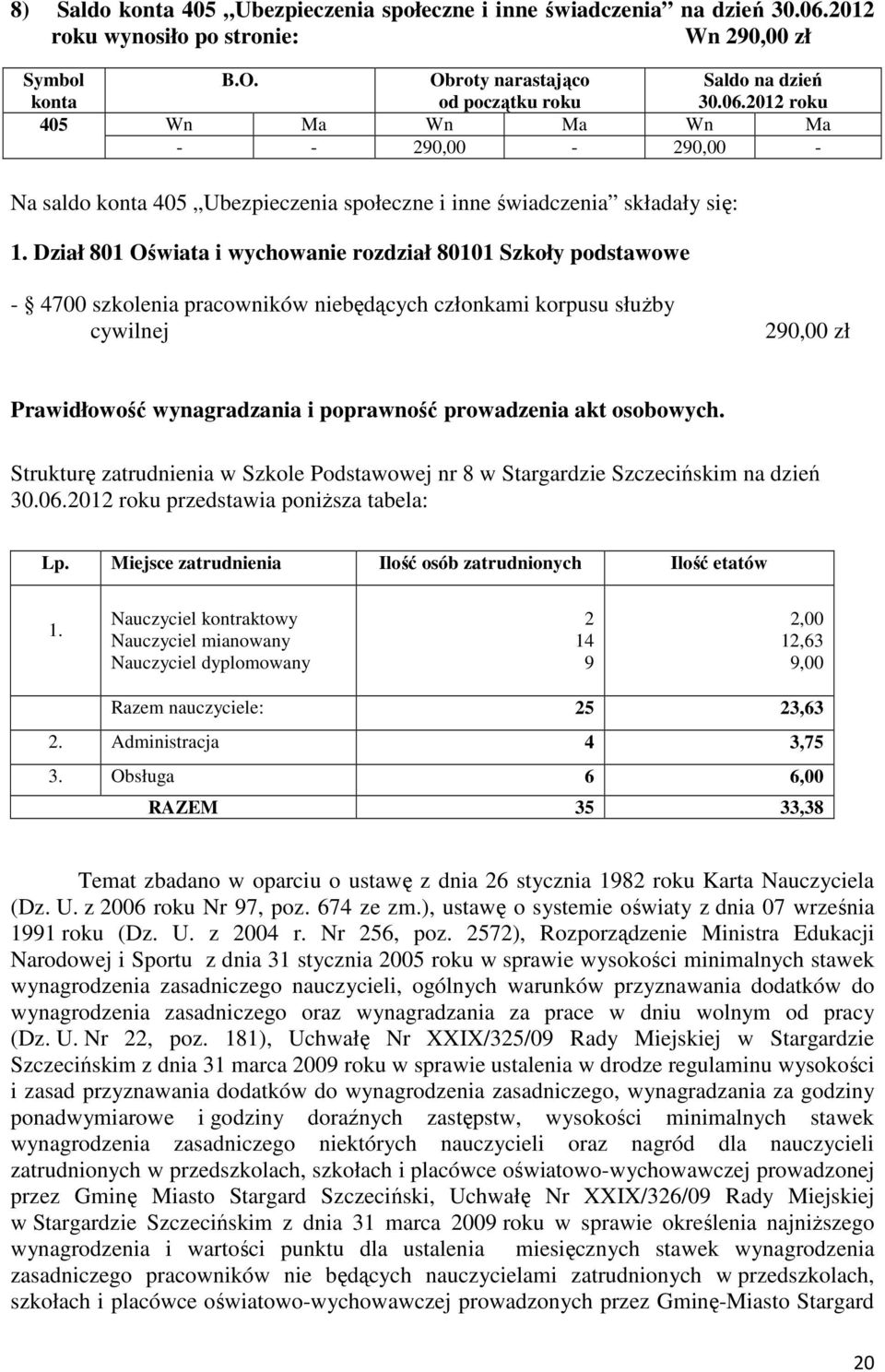 akt osobowych. Strukturę zatrudnienia w Szkole Podstawowej nr 8 w Stargardzie Szczecińskim na dzień 30.06.2012 roku przedstawia poniższa tabela: Lp.