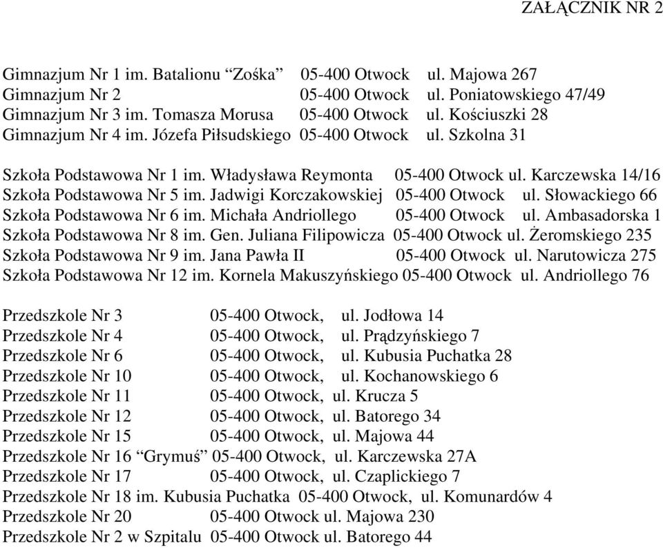 Jadwigi Korczakowskiej 05-400 Otwock ul. Słowackiego 66 Szkoła Podstawowa Nr 6 im. Michała Andriollego 05-400 Otwock ul. Ambasadorska 1 Szkoła Podstawowa Nr 8 im. Gen.