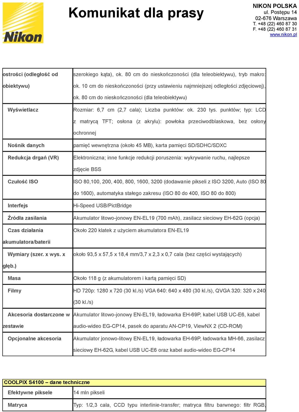 punktów; typ: LCD z matrycą TFT; osłona (z akrylu): powłoka przeciwodblaskowa, bez osłony ochronnej Nośnik danych Redukcja drgań (VR) pamięć wewnętrzna (około 45 MB), karta pamięci SD/SDHC/SDXC