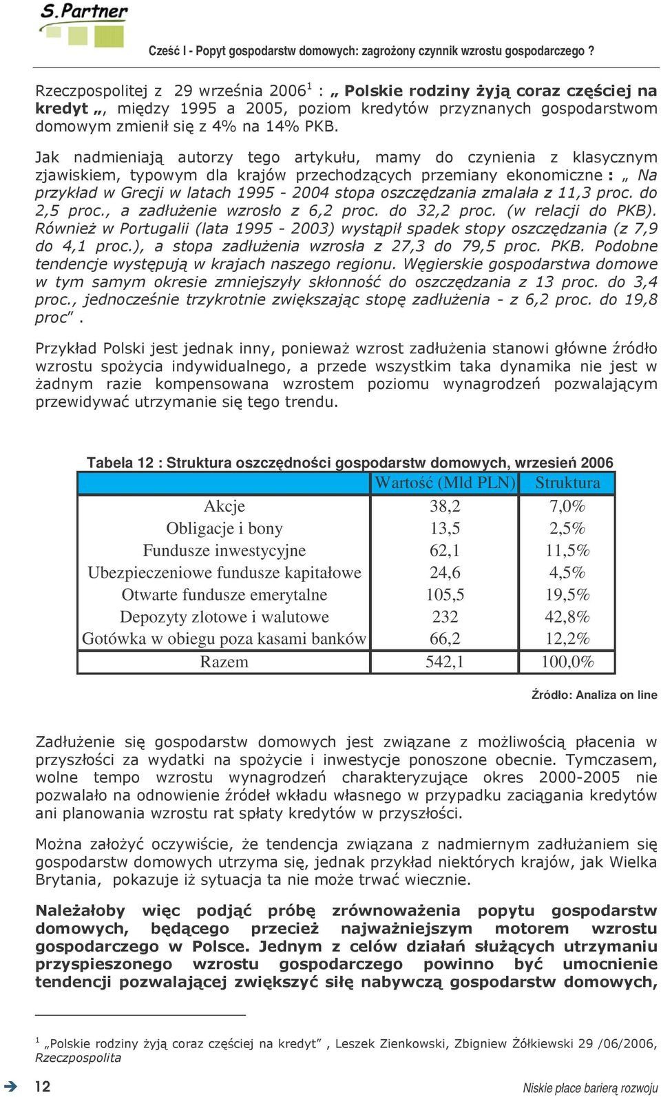 31- % *+18 I" # # # # 1 & " Tabela 12 : Struktura oszczdnoci gospodarstw domowych, wrzesie 2006 Warto (Mld PLN) Struktura Akcje 38,2 7,0% Obligacje i bony 13,5 2,5% Fundusze