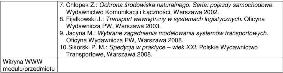 Oficyna Wydanicza PW, Warszaa 2003. 9. Jacyna M.: Wybrane zagadnienia modeloania systemó transportoych.