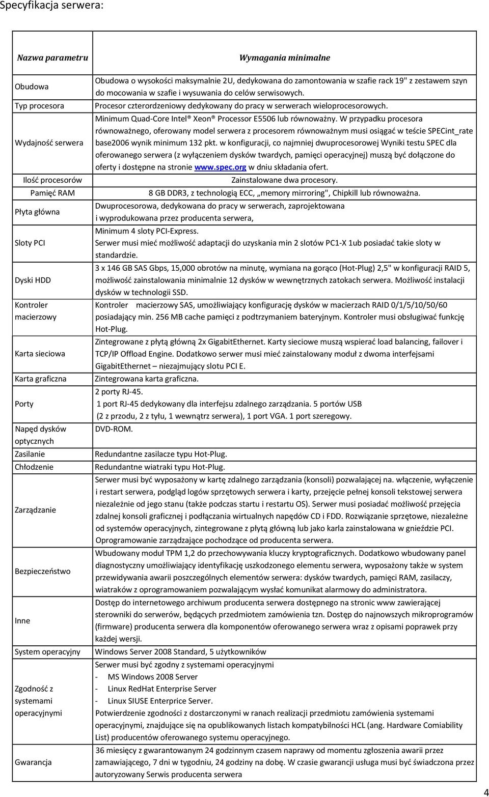 mocowania w szafie i wysuwania do celów serwisowych. Procesor czterordzeniowy dedykowany do pracy w serwerach wieloprocesorowych. Minimum Quad-Core Intel Xeon Processor E5506 lub równoważny.