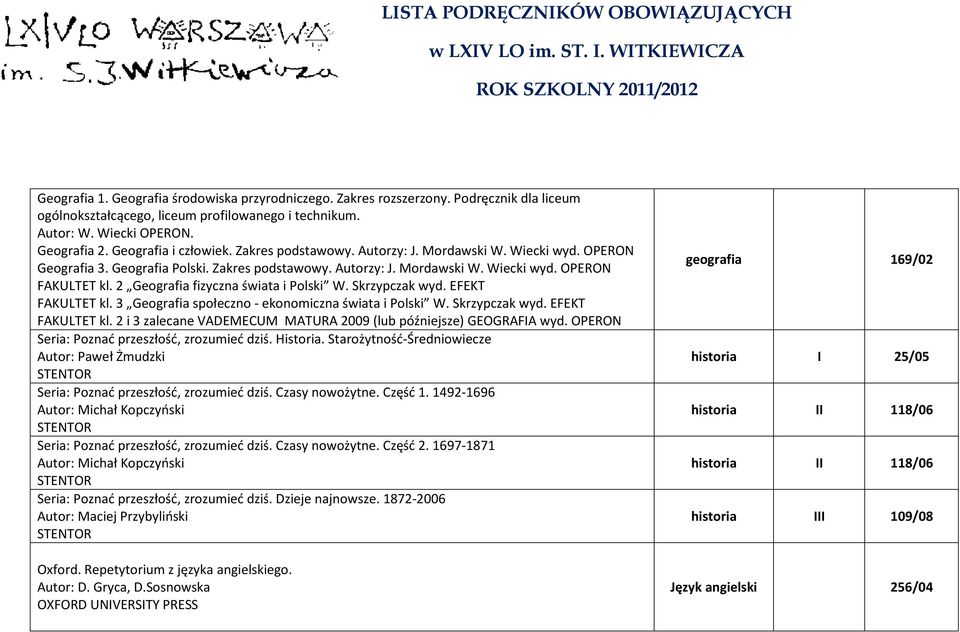 2 Geografia fizyczna świata i Polski W. Skrzypczak wyd. EFEKT FAKULTET kl. 3 Geografia społeczno - ekonomiczna świata i Polski W. Skrzypczak wyd. EFEKT FAKULTET kl. 2 i 3 zalecane VADEMECUM MATURA 2009 (lub późniejsze) GEOGRAFIA wyd.