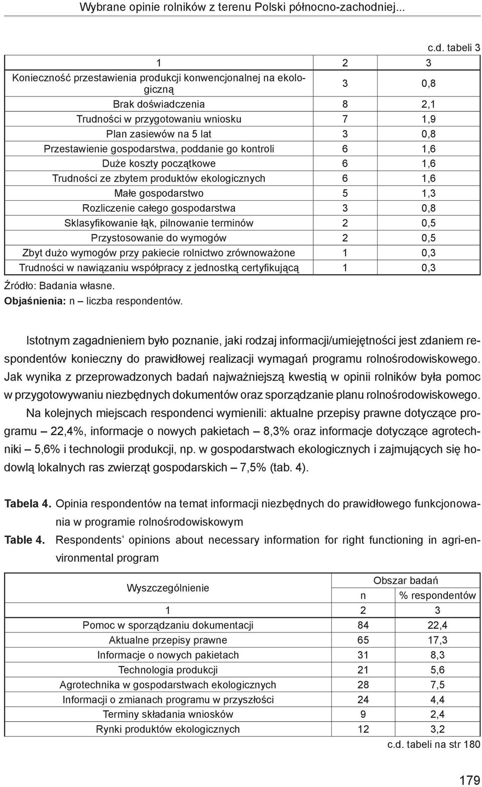 tabeli 3 1 2 3 Konieczność przestawienia produkcji konwencjonalnej na ekologiczną 3 0,8 Brak doświadczenia 8 2,1 Trudności w przygotowaniu wniosku 7 1,9 Plan zasiewów na 5 lat 3 0,8 Przestawienie