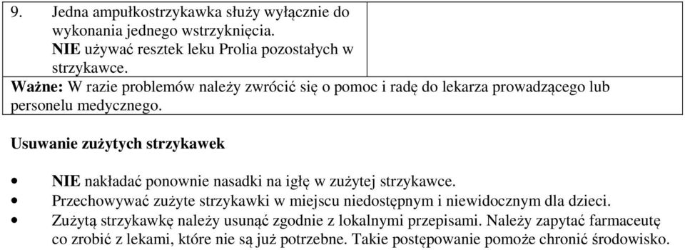 Usuwanie zużytych strzykawek NIE nakładać ponownie nasadki na igłę w zużytej strzykawce.