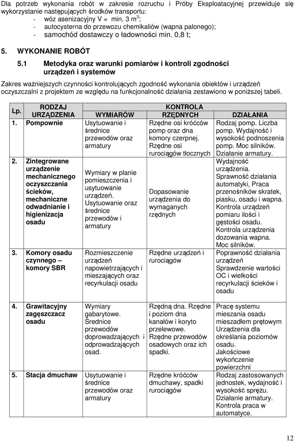 1 Metodyka oraz warunki pomiarów i kontroli zgodności urządzeń i systemów Zakres ważniejszych czynności kontrolujących zgodność wykonania obiektów i urządzeń oczyszczalni z projektem ze względu na