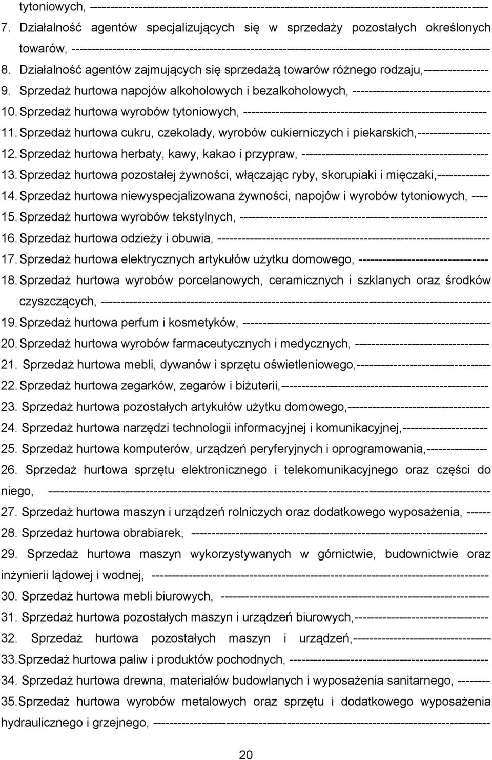 Działalność agentów zajmujących się sprzedażą towarów różnego rodzaju,---------------- 9. Sprzedaż hurtowa napojów alkoholowych i bezalkoholowych, ---------------------------------- 10.