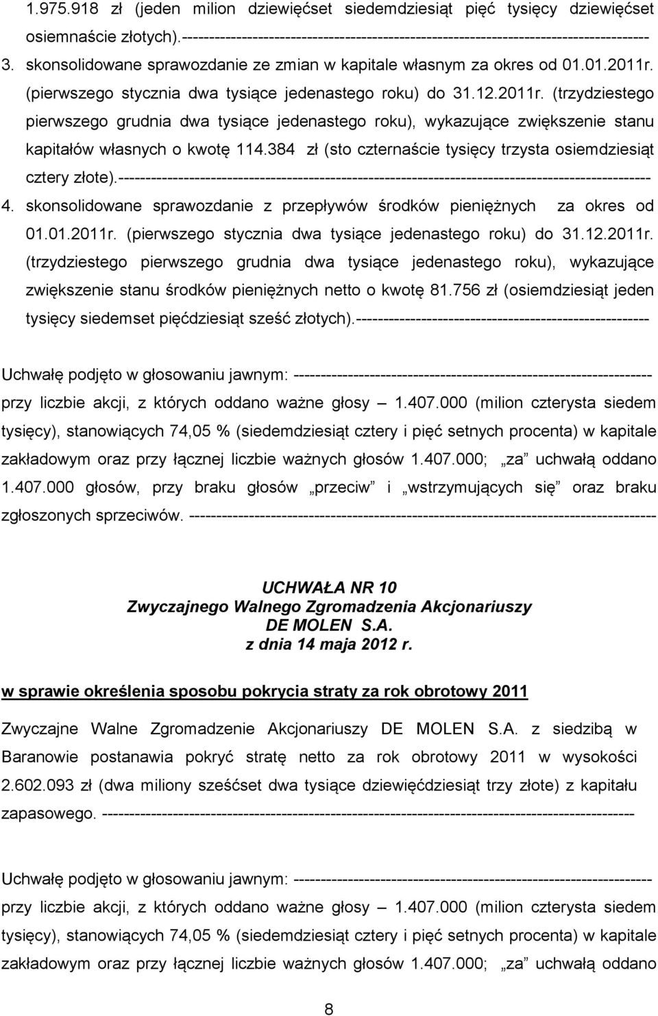 (pierwszego stycznia dwa tysiące jedenastego roku) do 31.12.2011r. (trzydziestego pierwszego grudnia dwa tysiące jedenastego roku), wykazujące zwiększenie stanu kapitałów własnych o kwotę 114.