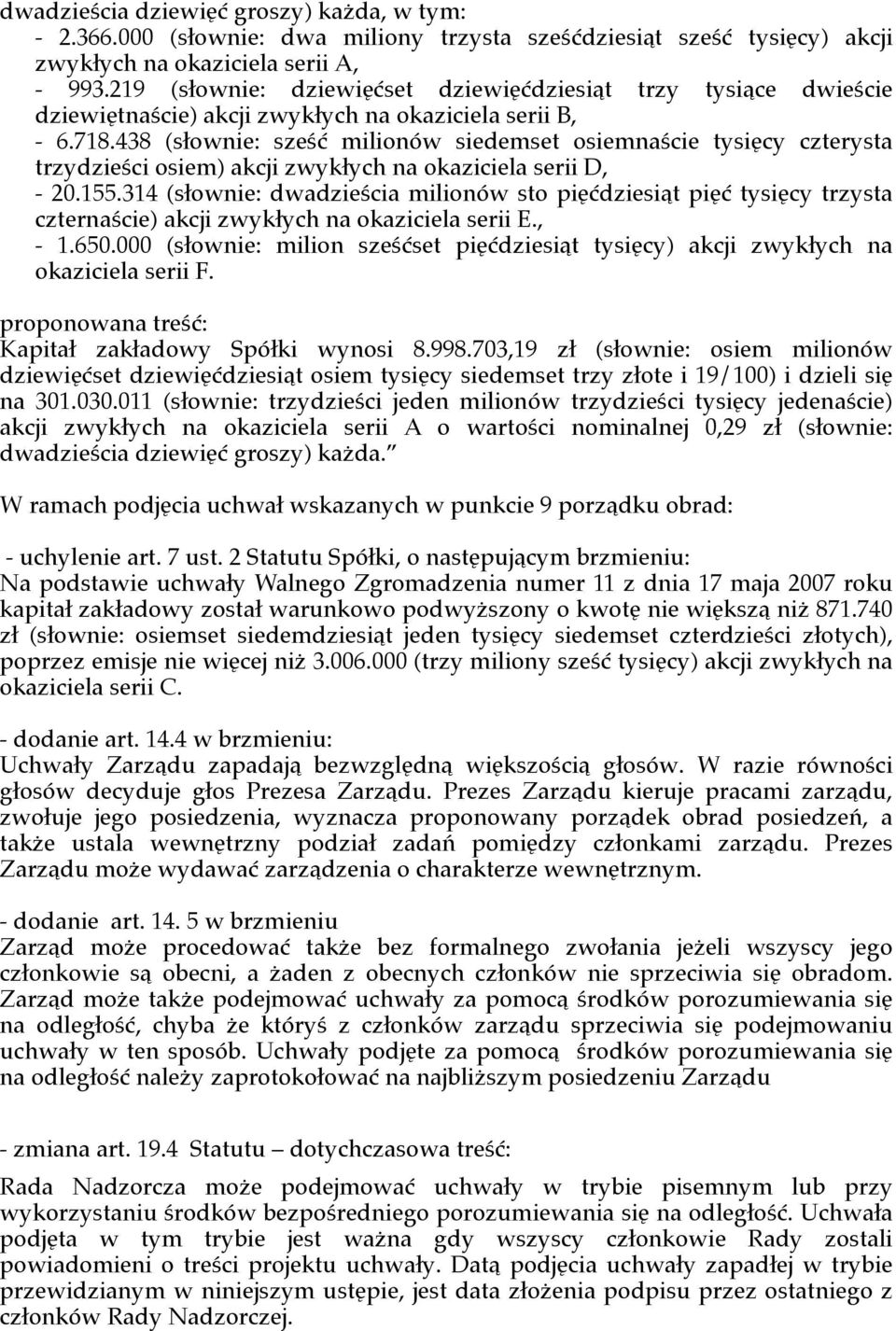 438 (słownie: sześć milionów siedemset osiemnaście tysięcy czterysta trzydzieści osiem) akcji zwykłych na okaziciela serii D, - 20.155.