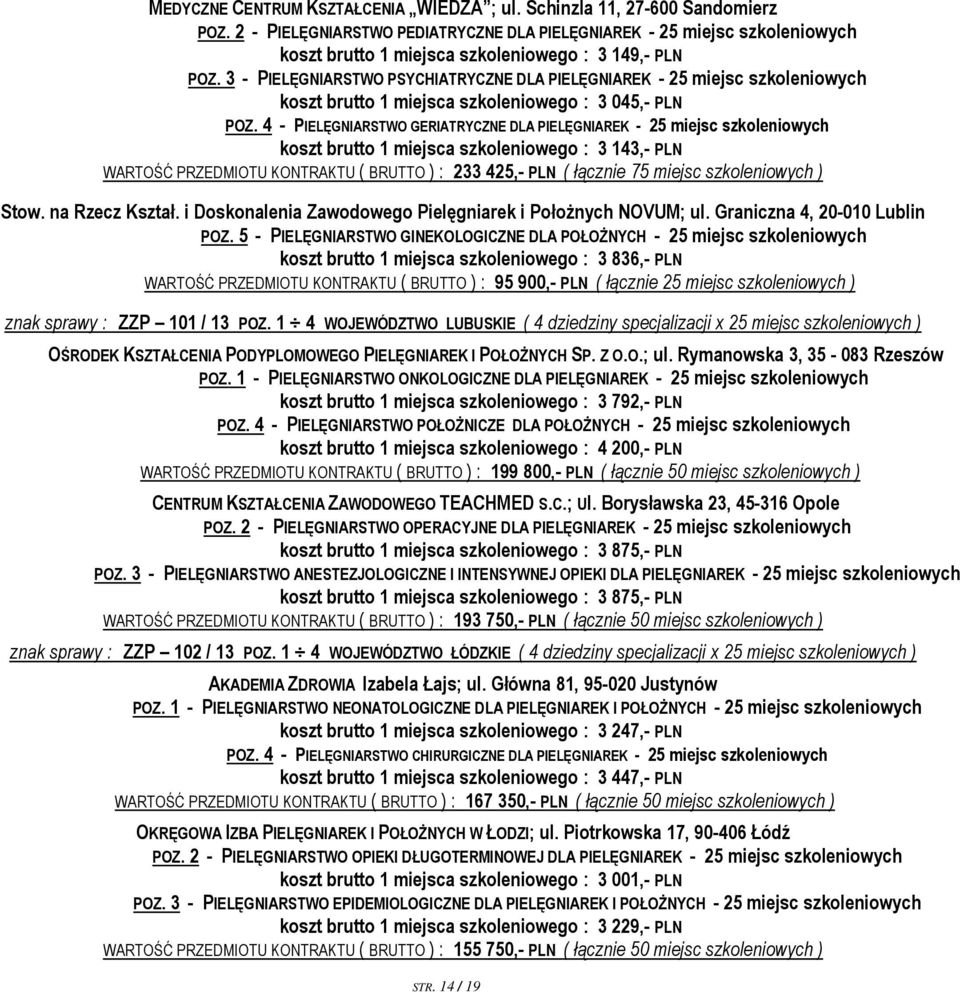 3 - PIELĘGNIARSTWO PSYCHIATRYCZNE DLA PIELĘGNIAREK - 25 miejsc szkoleniowych koszt brutto 1 miejsca szkoleniowego : 3 045,- PLN POZ.