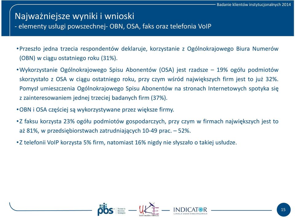 Wykorzystanie Ogólnokrajowego Spisu Abonentów (OSA) jest rzadsze 19% ogółu podmiotów skorzystało z OSA w ciągu ostatniego roku, przy czym wśród największych firm jest to już 32%.