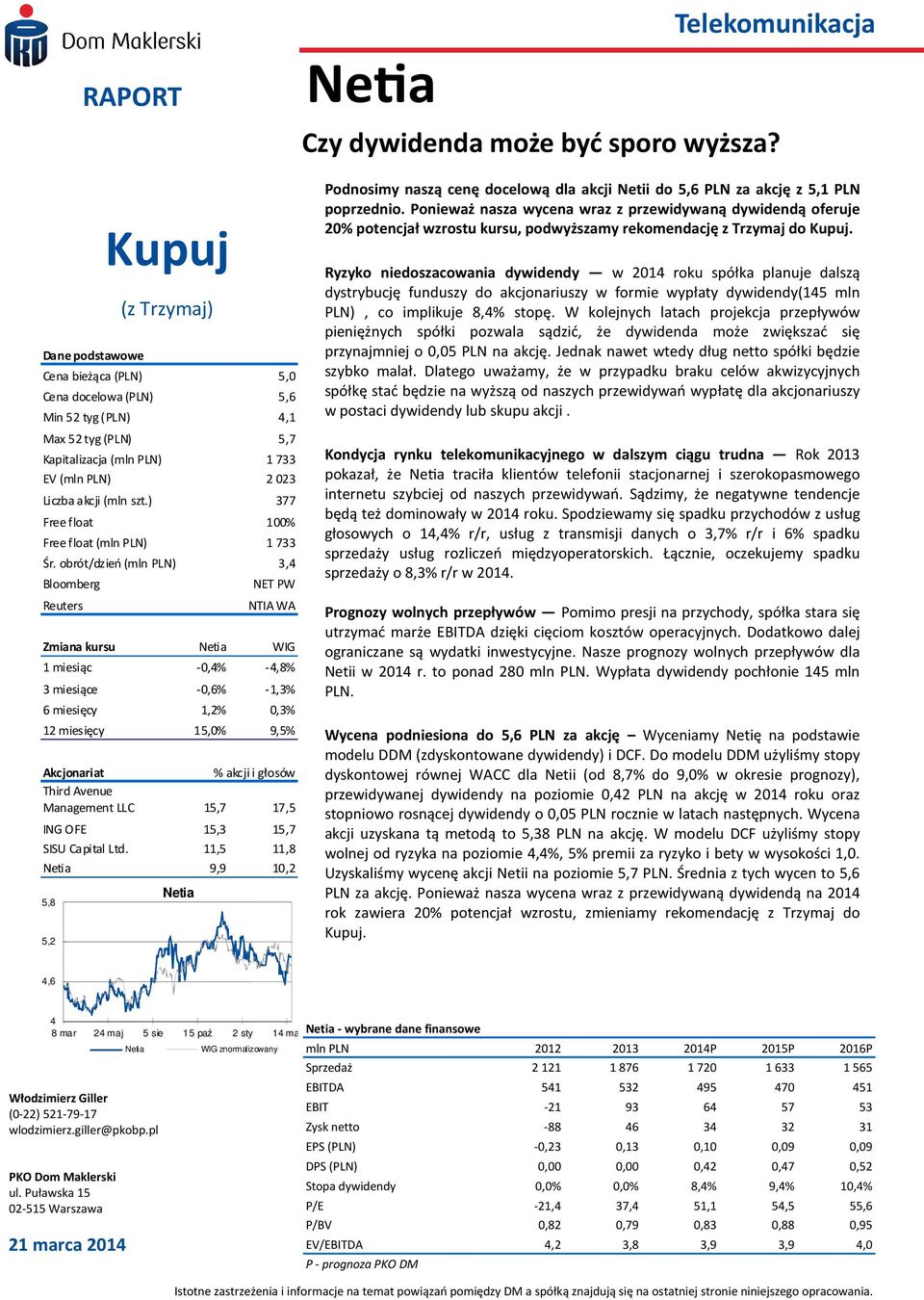 obrót/dzień (mln PLN) 3,4 Bloomberg Reuters NET PW NTIA WA Zmiana kursu Netia WIG 1 miesiąc -,4% -4,8% 3 miesiące -,6% -1,3% 6 miesięcy 1,2%,3% 12 miesięcy 15,% 9,5% Akcjonariat Third Avenue