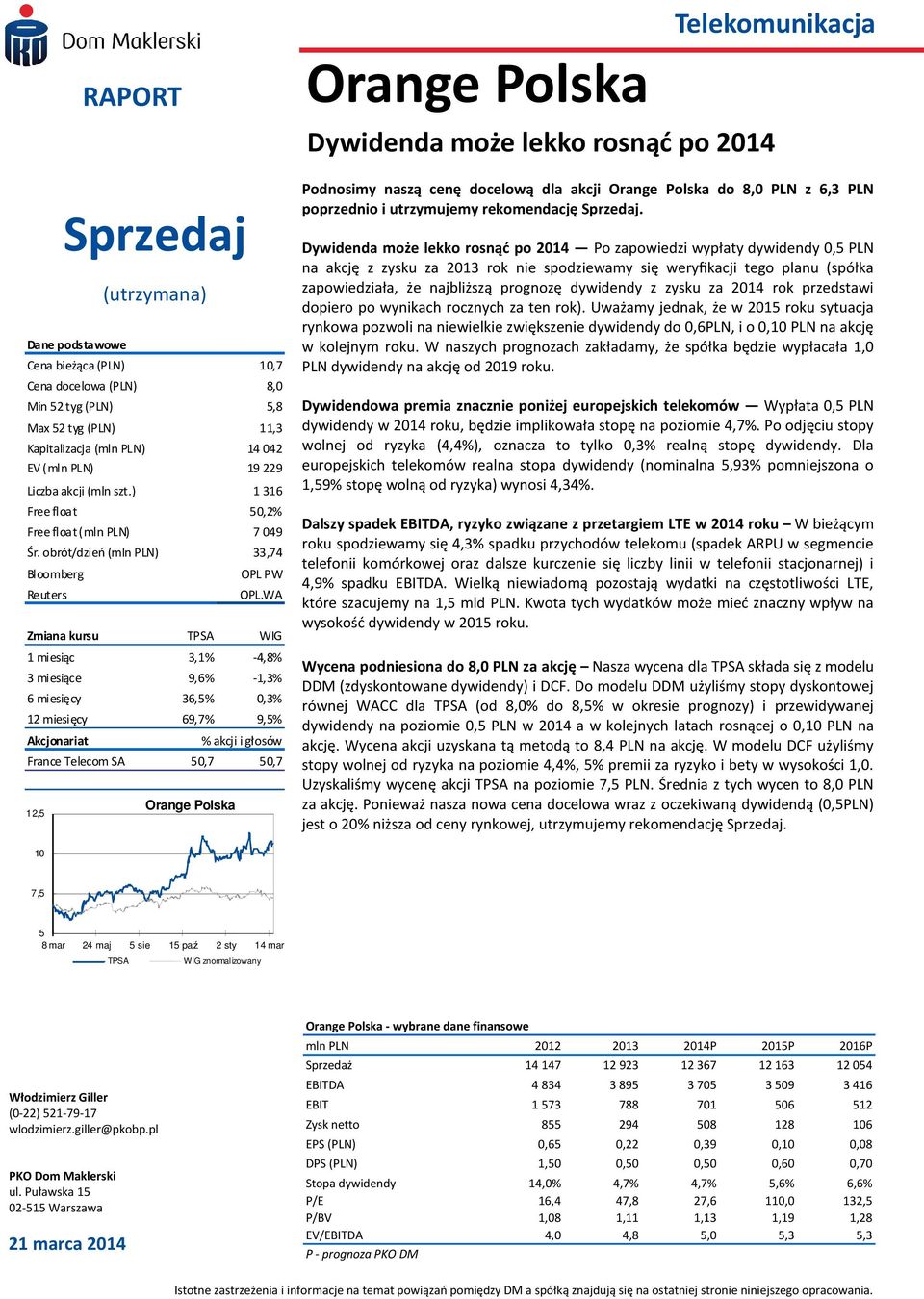 WA Zmiana kursu TPSA WIG 1 miesiąc 3,1% -4,8% 3 miesiące 9,6% -1,3% 6 miesięcy 36,5%,3% 12 miesięcy 69,7% 9,5% Akcjonariat France Telecom SA 12,5 Orange Polska % akcji i głosów 5,7 5,7 Orange Polska