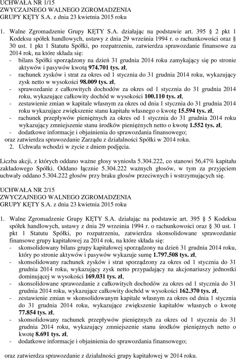 aktywów i pasywów kwotą 974.701 tys. zł, - rachunek zysków i strat za okres od 1 stycznia do 31 grudnia 2014 roku, wykazujący zysk netto w wysokości 98.009 tys.