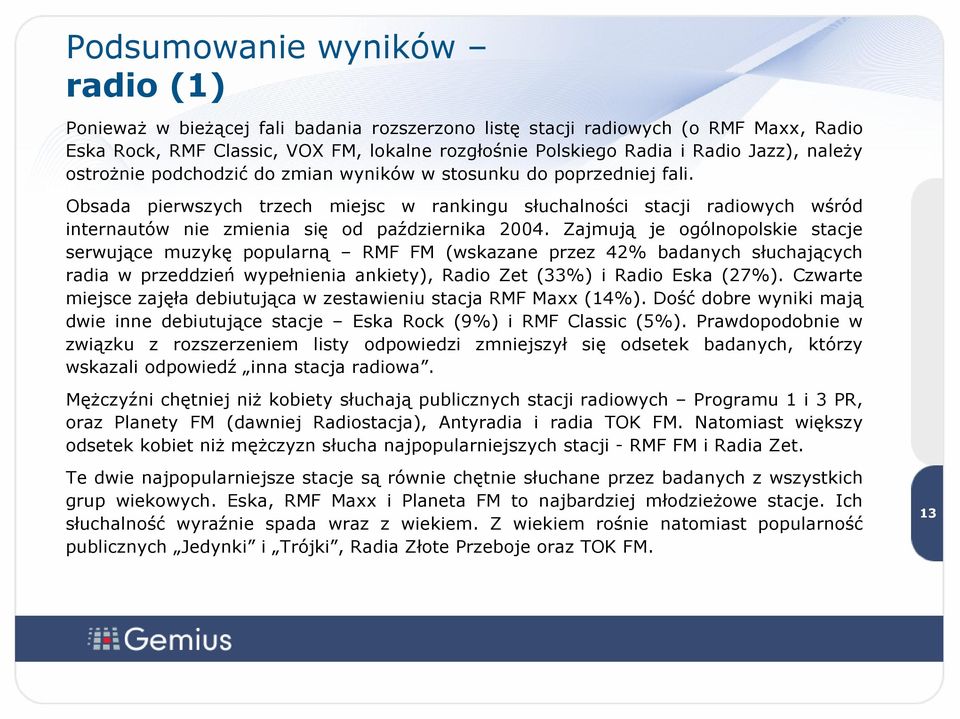 Obsada pierwszych trzech miejsc w rankingu słuchalności stacji radiowych wśród internautów nie zmienia się od października 00.