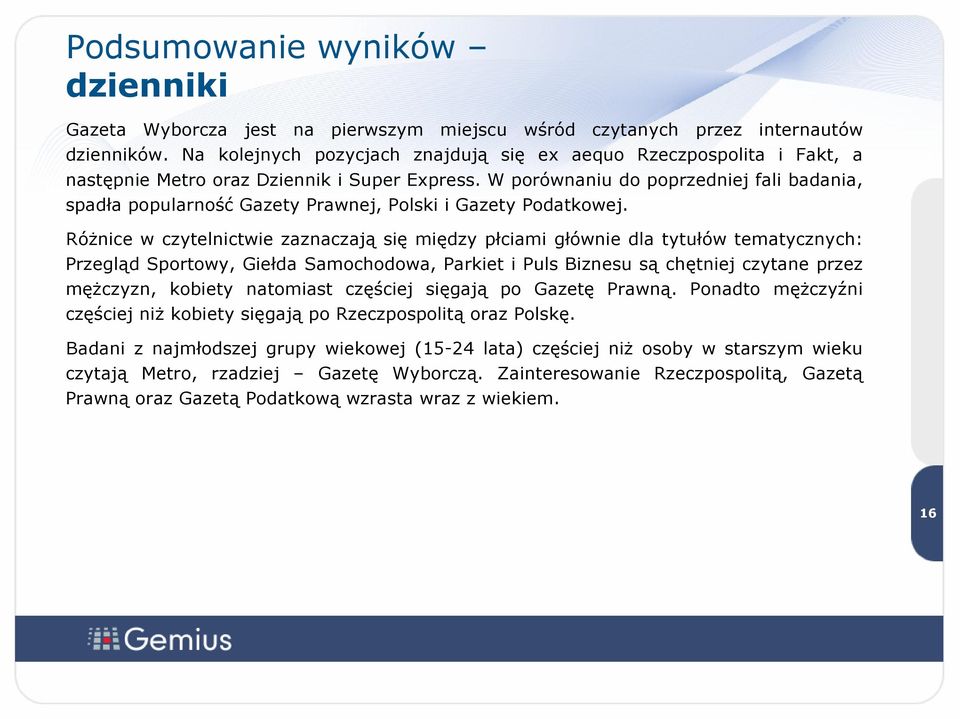 W porównaniu do poprzedniej fali badania, spadła popularność Gazety Prawnej, Polski i Gazety Podatkowej.