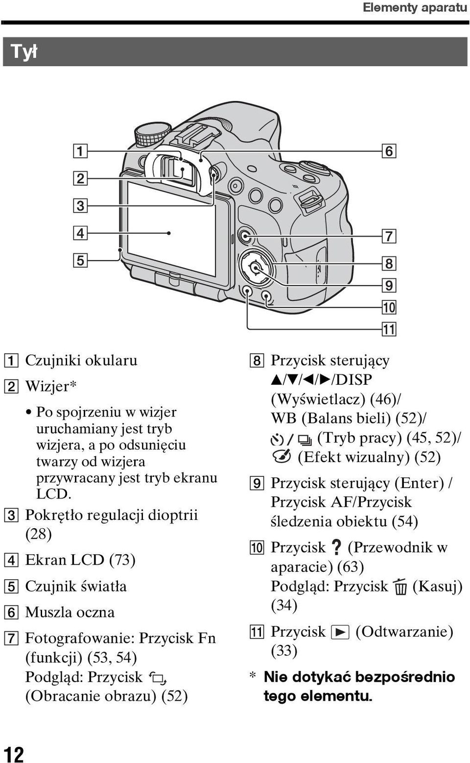 (52) H Przycisk sterujący v/v/b/b/disp (Wyświetlacz) (46)/ WB (Balans bieli) (52)/ (Tryb pracy) (45, 52)/ (Efekt wizualny) (52) I Przycisk sterujący (Enter) / Przycisk