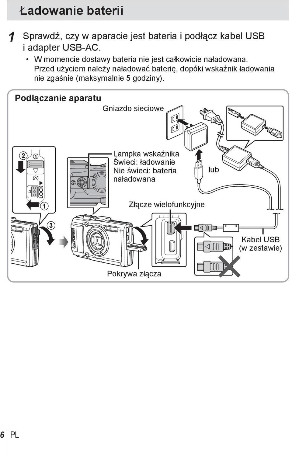 Przed użyciem należy naładować baterię, dopóki wskaźnik ładowania nie zgaśnie (maksymalnie 5 godziny).