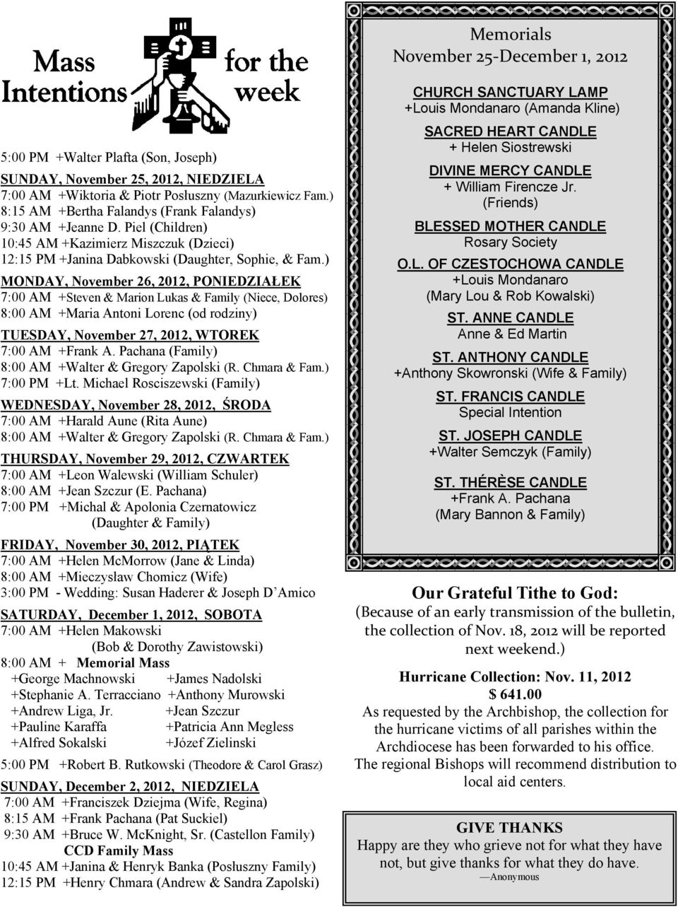 ) MONDAY, November 26, 2012, PONIEDZIAŁEK 7:00 AM +Steven & Marion Lukas & Family (Niece, Dolores) 8:00 AM +Maria Antoni Lorenc (od rodziny) TUESDAY, November 27, 2012, WTOREK 7:00 AM +Frank A.