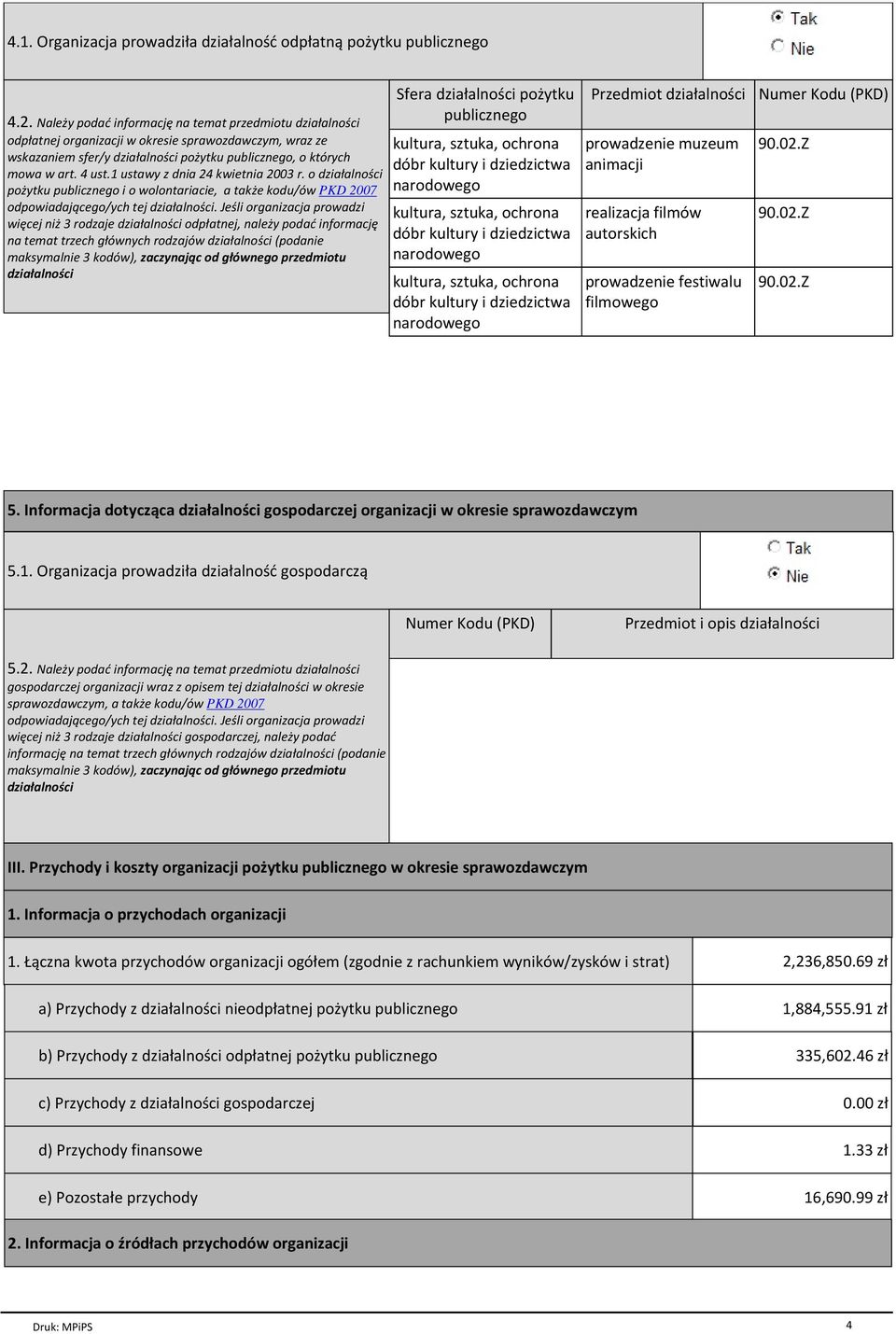 1 ustawy z dnia 24 kwietnia 2003 r. o dziaіalnoњci poїytku publicznego i o wolontariacie, a takїe kodu/уw PKD 2007 odpowiadaj cego/ych tej dziaіalnoњci.