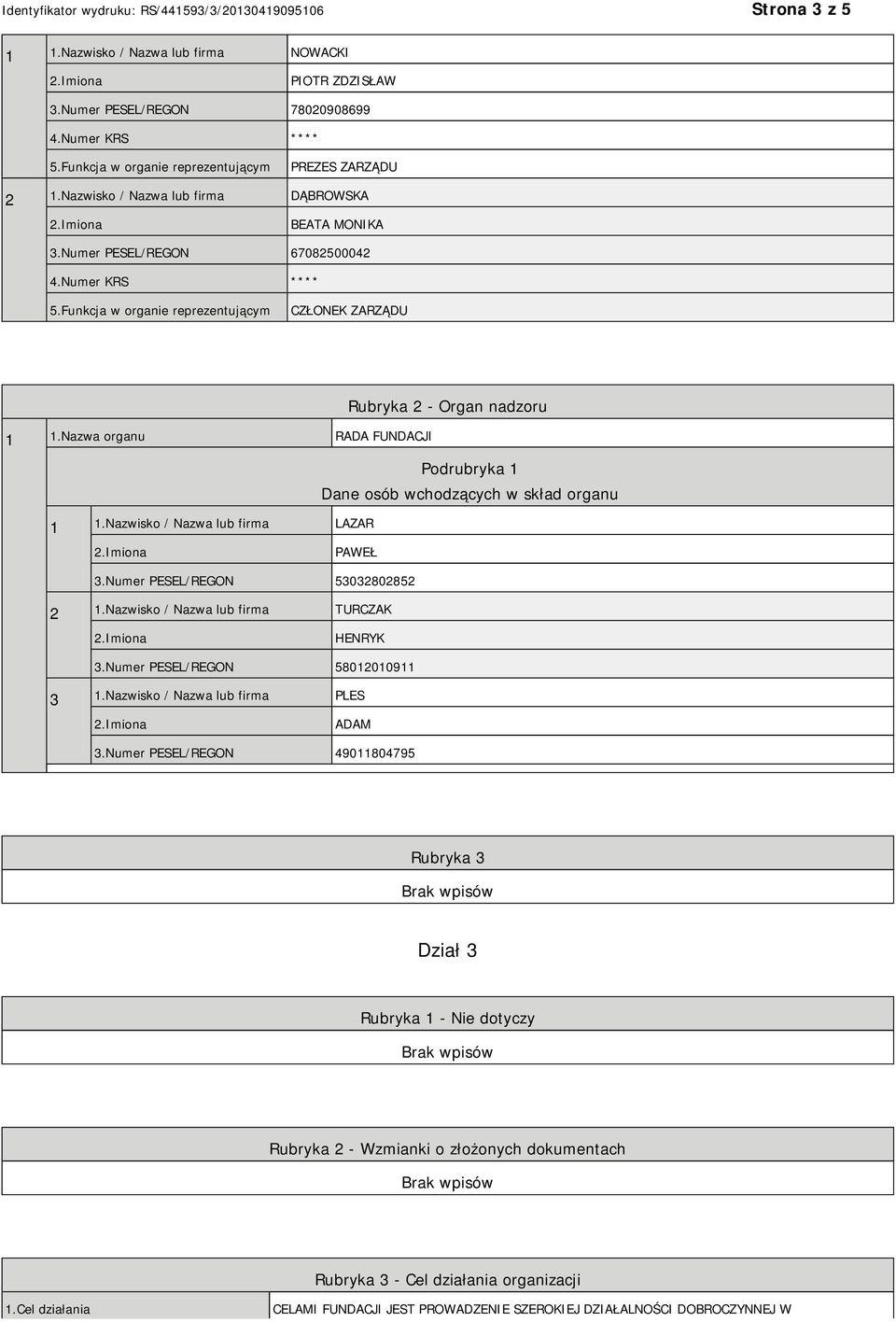 Nazwa organu RADA FUNDACJI Podrubryka 1 Dane osób wchodzących w skład organu 1 1.Nazwisko / Nazwa lub firma LAZAR PAWEŁ 3.Numer PESEL/REGON 53032802852 2 1.Nazwisko / Nazwa lub firma TURCZAK HENRYK 3.