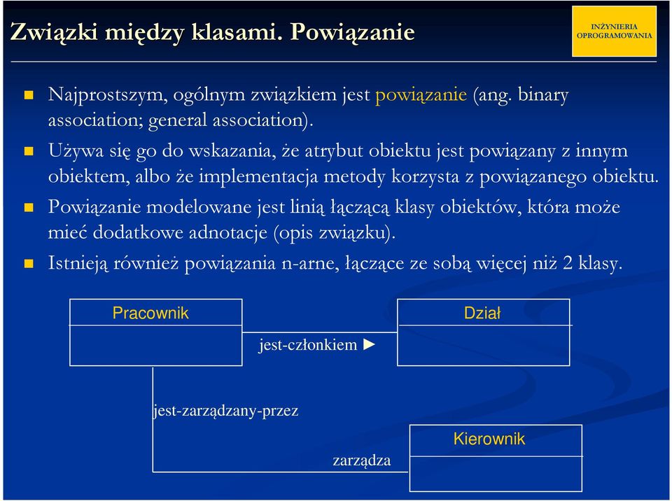 obiektu. Powiązanie modelowane jest linią łączącą klasy obiektów, która może mieć dodatkowe adnotacje (opis związku).