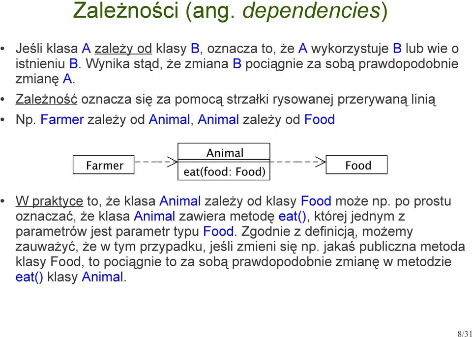 Farmer zależy od Animal, Animal zależy od Food W praktyce to, że klasa Animal zależy od klasy Food może np.
