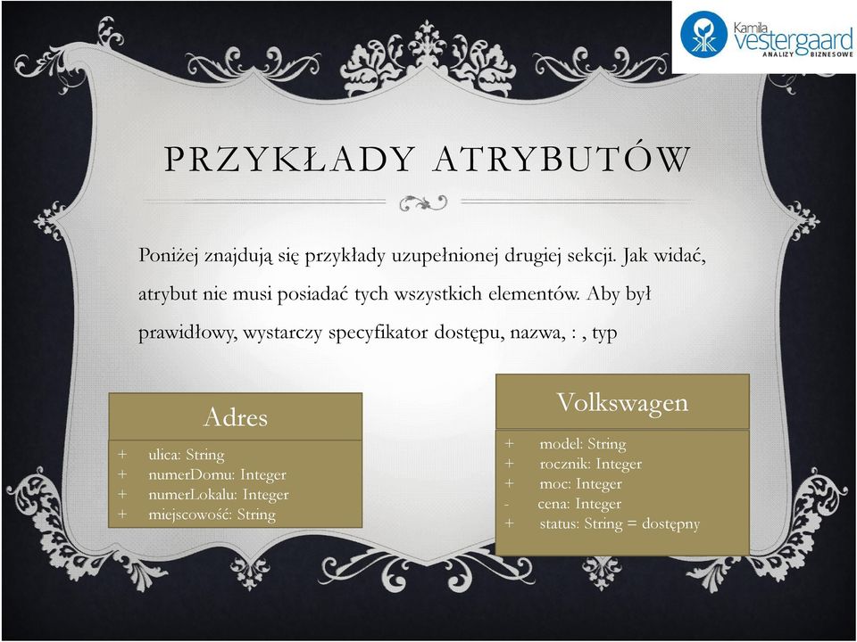 Aby był prawidłowy, wystarczy specyfikator dostępu, nazwa, :, typ Adres + ulica: String + numerdomu: