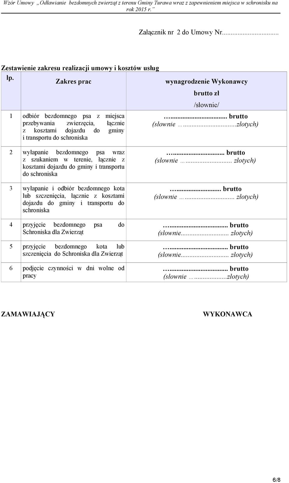 ..złotych) 2 wyłapanie bezdomnego psa wraz z szukaniem w terenie, łącznie z kosztami dojazdu do gminy i transportu do schroniska 3 wyłapanie i odbiór bezdomnego kota lub szczenięcia, łącznie z