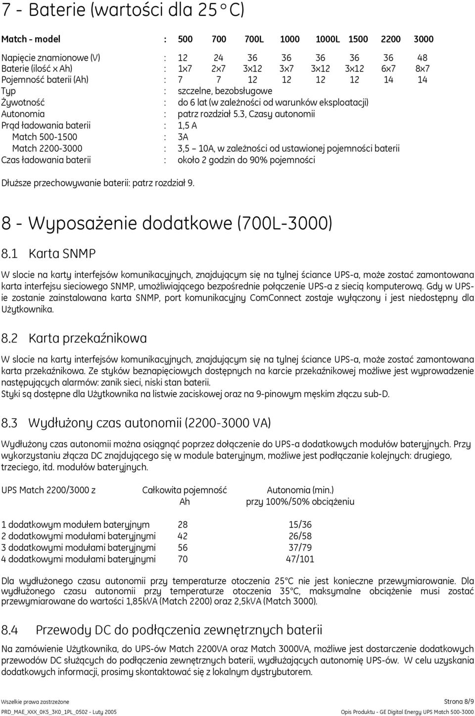 3, Czasy autonomii Prąd ładowania baterii : 1,5 A Match 500-1500 : 3A Match 2200-3000 : 3,5 10A, w zależności od ustawionej pojemności baterii Czas ładowania baterii : około 2 godzin do 90%