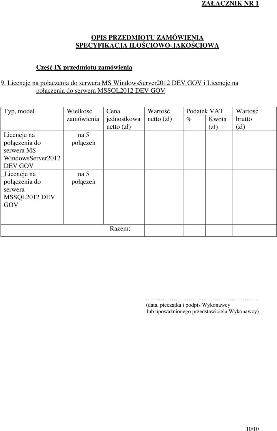 serwera MSSQL2012 DEV GOV Typ, model Licencje na połączenia do serwera MS WindowsServer2012