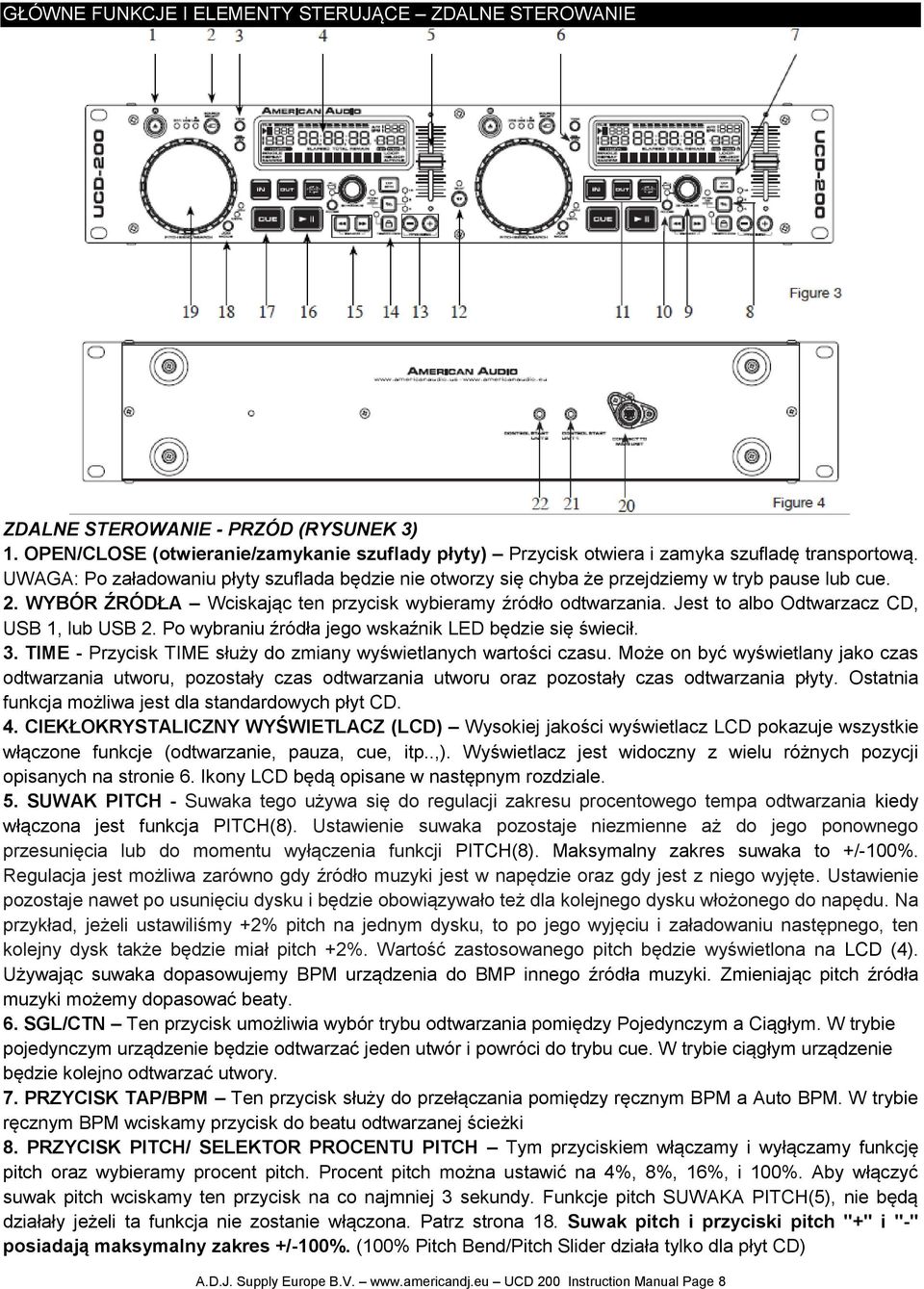 Jest to albo Odtwarzacz CD, USB 1, lub USB 2. Po wybraniu źródła jego wskaźnik LED będzie się świecił. 3. TIME - Przycisk TIME służy do zmiany wyświetlanych wartości czasu.