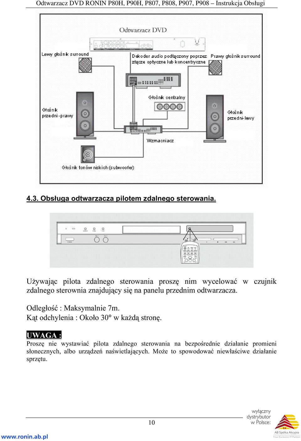 przednim odtwarzacza. Odległość : Maksymalnie 7m. Kąt odchylenia : Około 30 w każdą stronę.