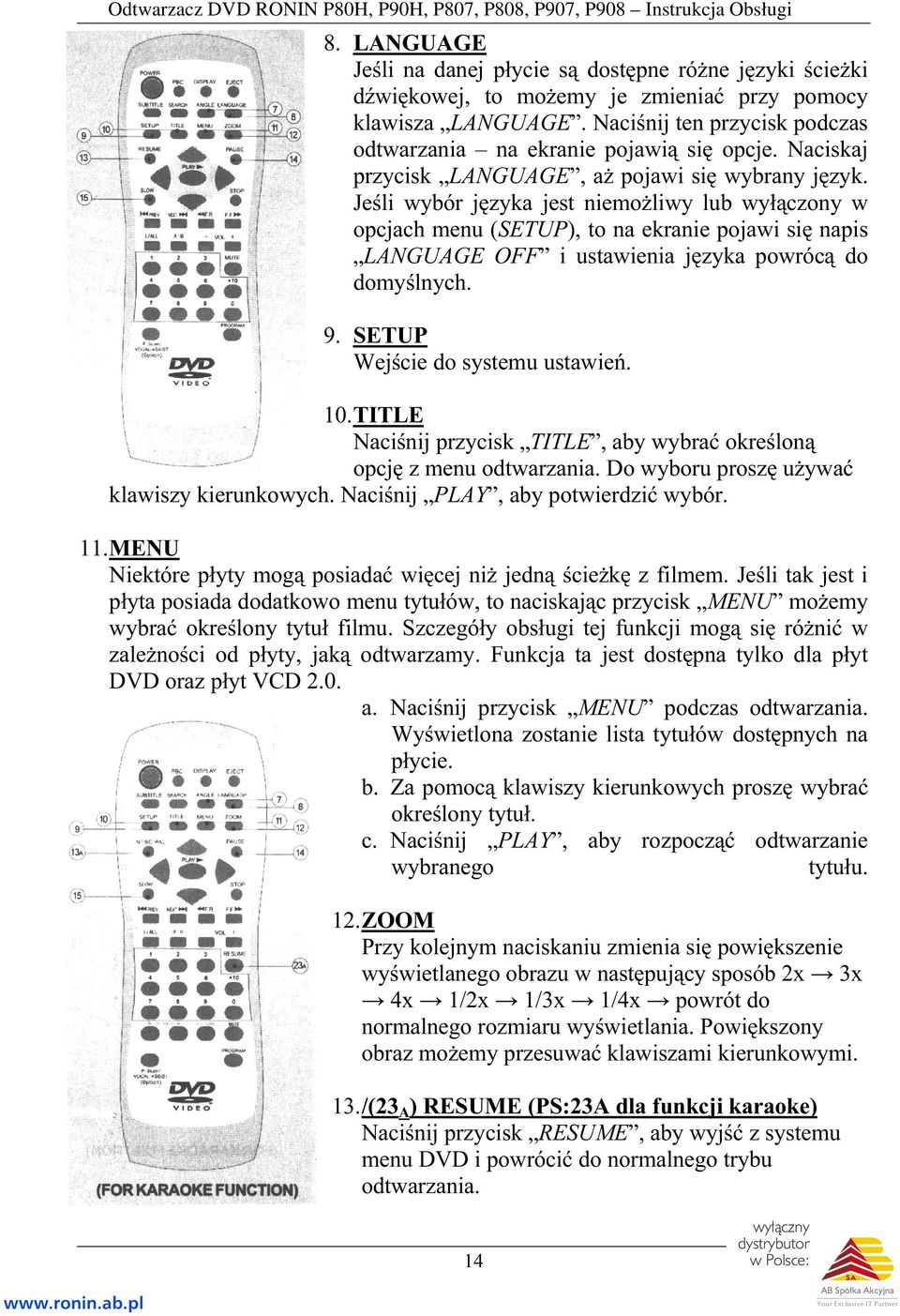 Jeśli wybór języka jest niemożliwy lub wyłączony w opcjach menu (SETUP), to na ekranie pojawi się napis LANGUAGE OFF i ustawienia języka powrócą do domyślnych. 9. SETUP Wejście do systemu ustawień.