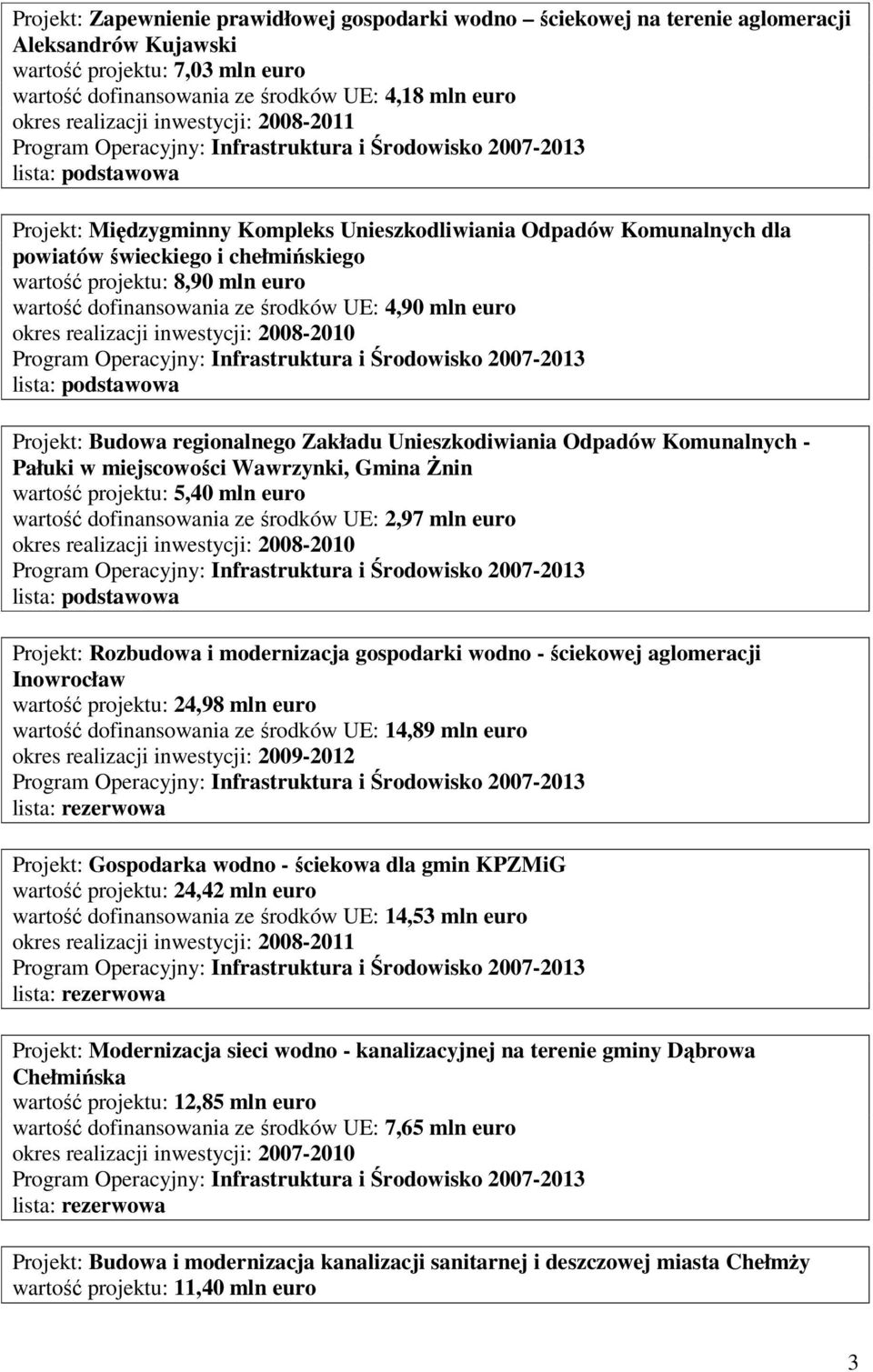 regionalnego Zakładu Unieszkodiwiania Odpadów Komunalnych - Pałuki w miejscowości Wawrzynki, Gmina śnin wartość projektu: 5,40 mln euro wartość dofinansowania ze środków UE: 2,97 mln euro Projekt: