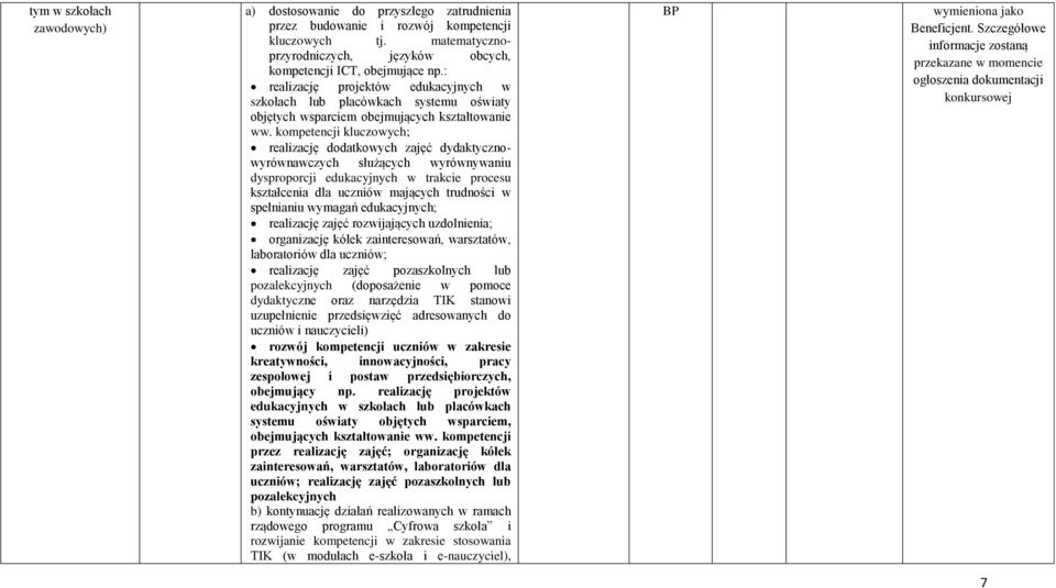 kompetencji kluczowych; realizację dodatkowych zajęć dydaktycznowyrównawczych służących wyrównywaniu dysproporcji edukacyjnych w trakcie procesu kształcenia dla uczniów mających trudności w