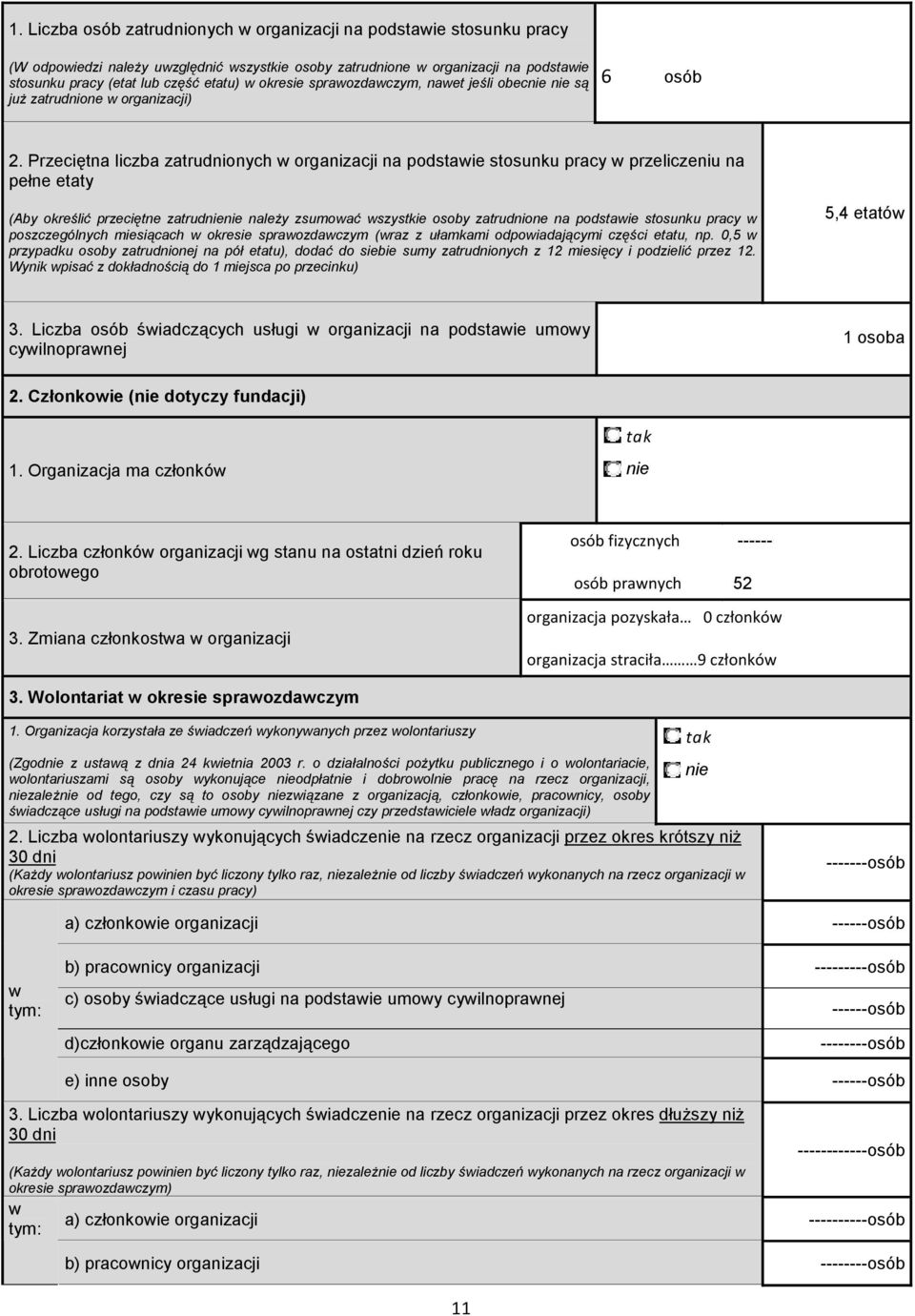 Przeciętna liczba zatrudnionych w organizacji na podstawie stosunku pracy w przeliczeniu na pełne etaty (Aby określić przeciętne zatrud naleŝy zsumować wszystkie osoby zatrudnione na podstawie