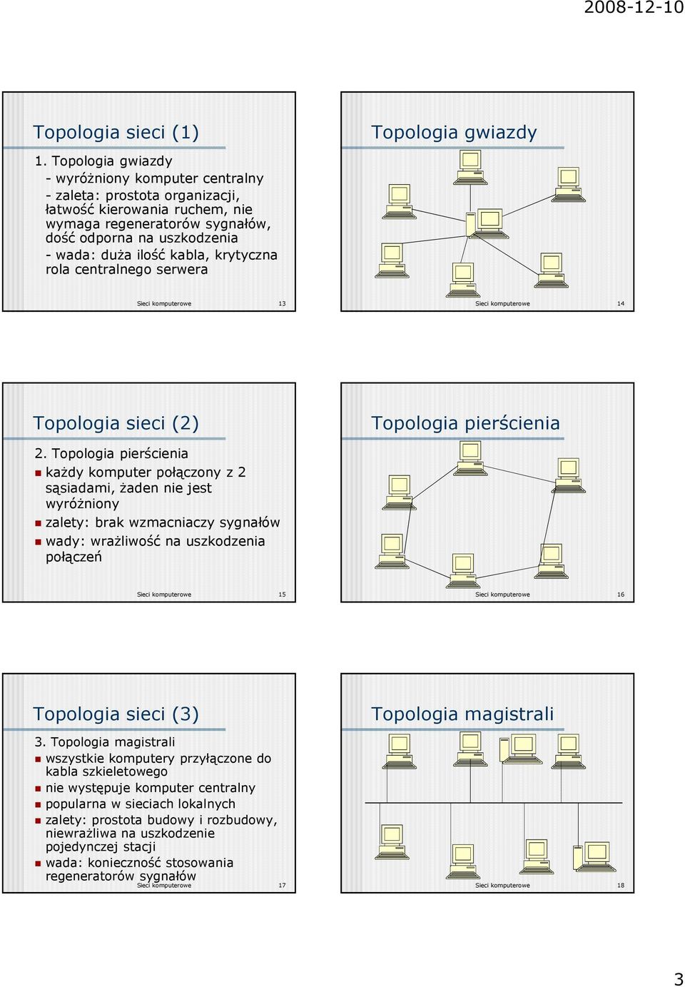 krytyczna rola centralnego serwera Topologia gwiazdy Sieci komputerowe 13 Sieci komputerowe 14 Topologia sieci (2) Topologia pierścienia 2.