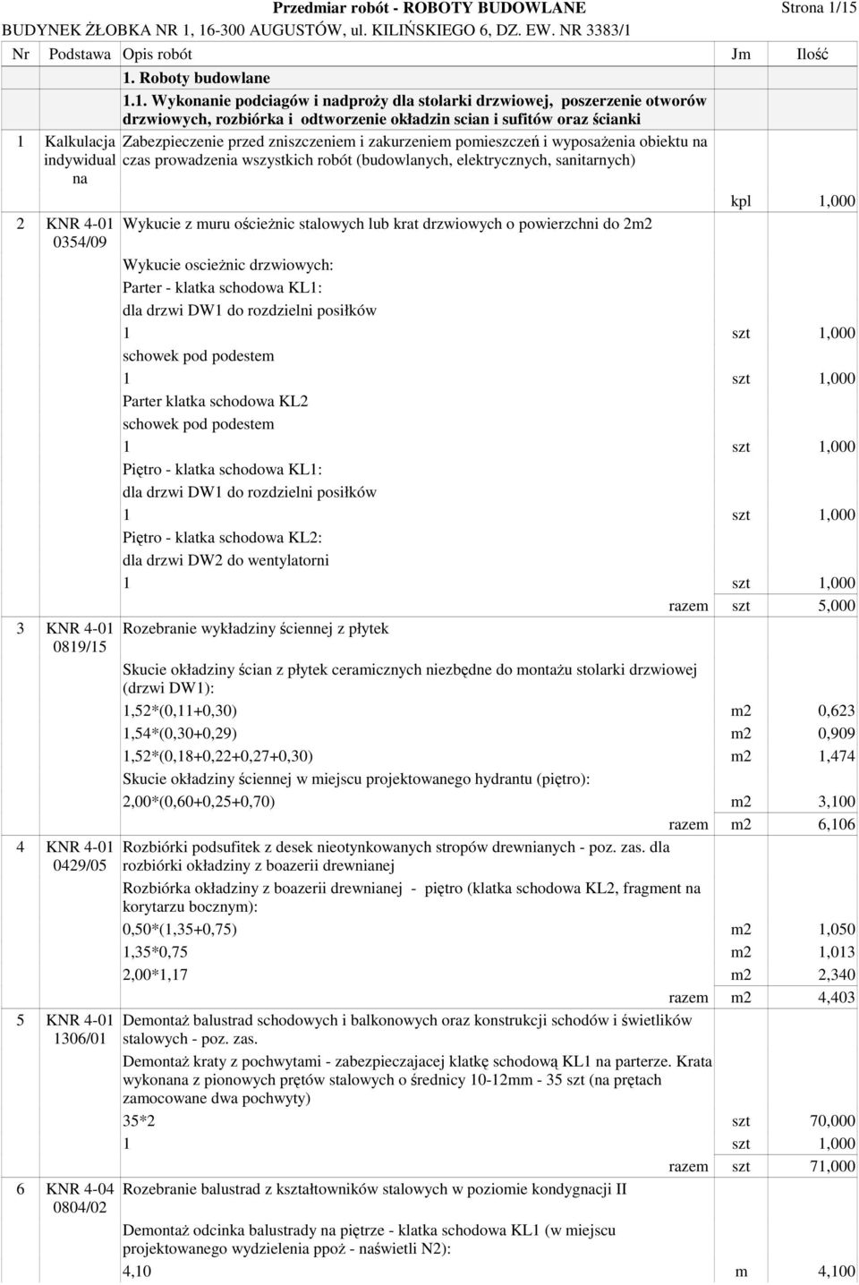 przed zniszczeniem i zakurzeniem pomieszcze i wyposaenia obiektu indywidual czas prowadzenia wszystkich robót (budowlanych, elektrycznych, sanitarnych) 2 KNR 4-01 0354/09 3 KNR 4-01 0819/15 4 KNR
