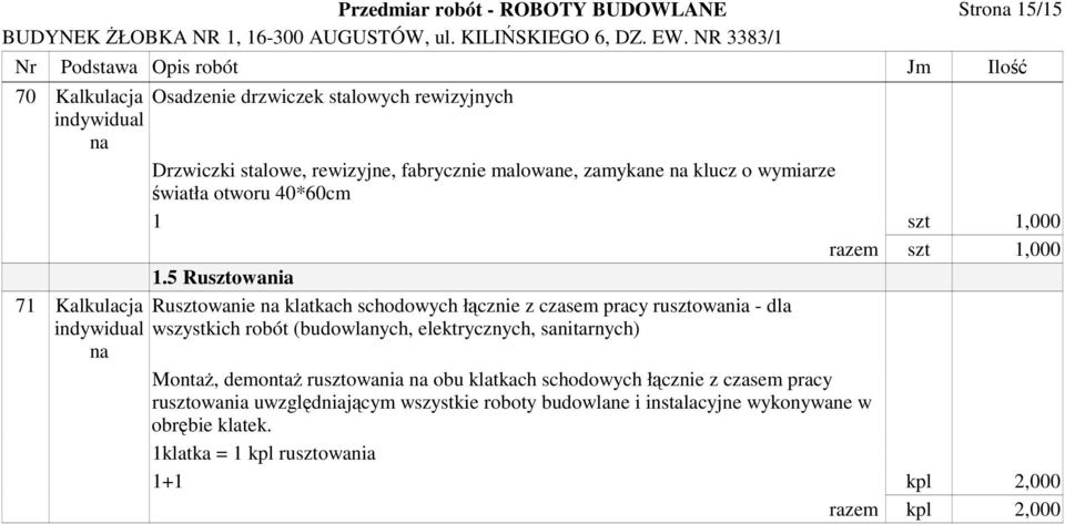 5 Rusztowania 71 Kalkulacja Rusztowanie klatkach schodowych łcznie z czasem pracy rusztowania - dla indywidual wszystkich robót (budowlanych, elektrycznych,