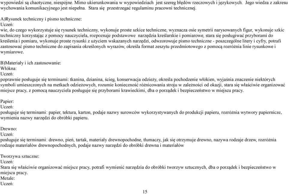 A)Rysunek techniczny i pismo techniczne: wie, do czego wykorzystuje się rysunek techniczny, wykonuje proste szkice techniczne, wyznacza osie symetrii narysowanych figur, wykonuje szkic techniczny