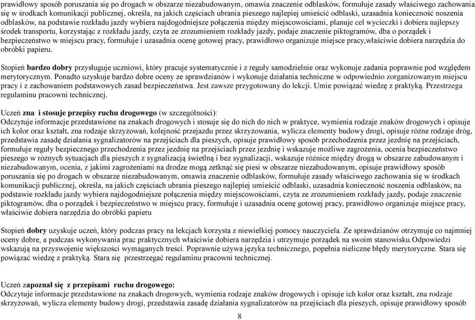 wycieczki i dobiera najlepszy środek transportu, korzystając z rozkładu jazdy, czyta ze zrozumieniem rozkłady jazdy, podaje znaczenie piktogramów, dba o porządek i bezpieczeństwo w miejscu pracy,