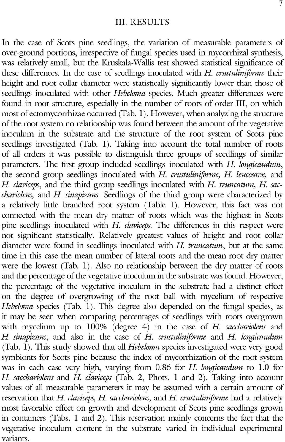 the Kruskala-Wallis test showed statistical significance of these differences. In the case of seedlings inoculated with H.
