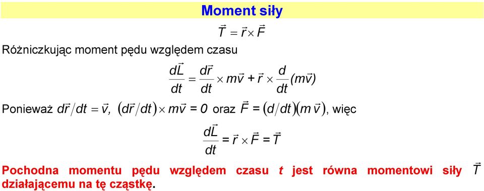 d dt )( m v ), więc dl F T dt Pochodna momentu pędu