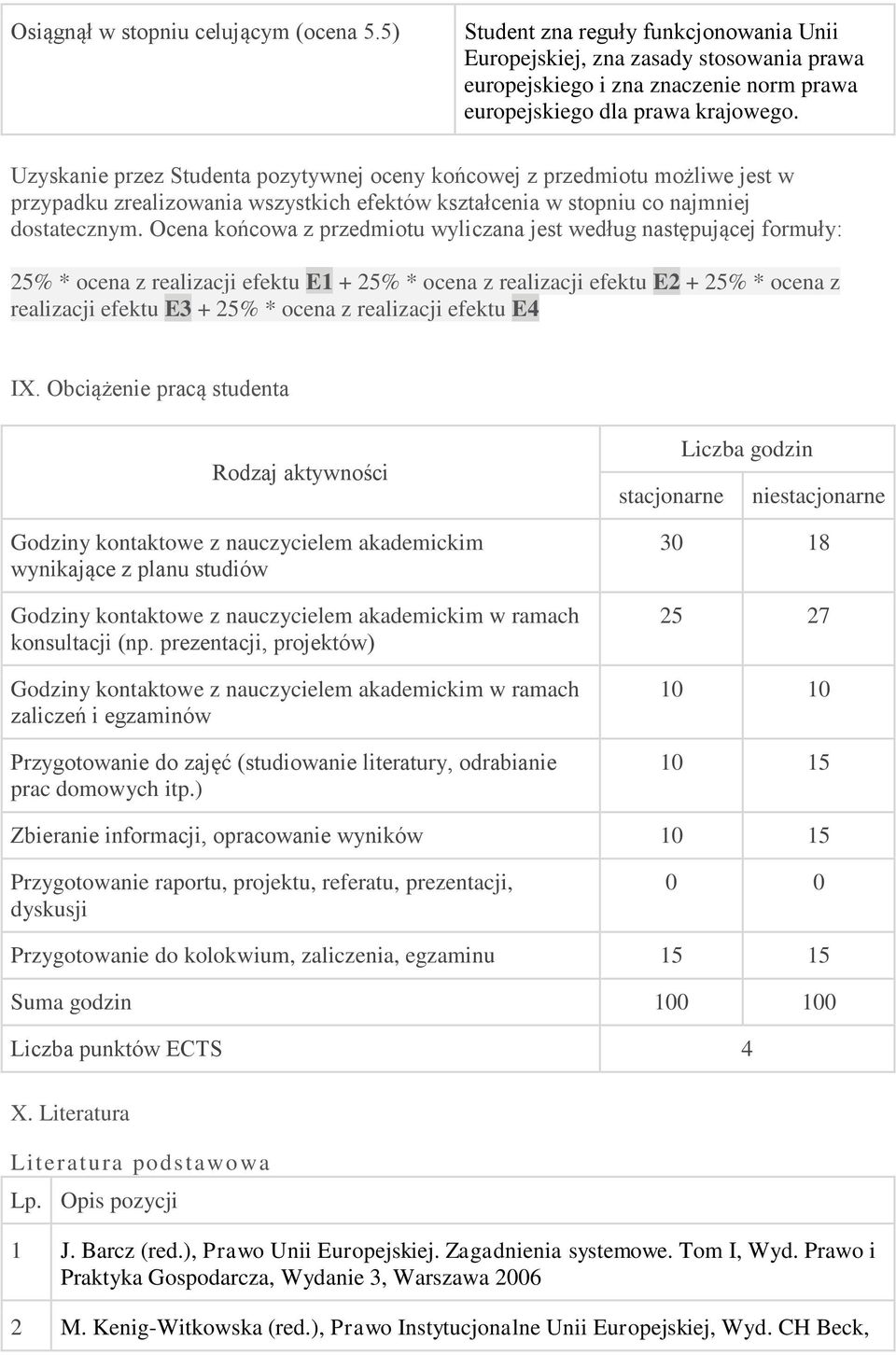 Ocena końcowa z przedmiotu wyliczana jest według następującej formuły: 25% * ocena z realizacji efektu E1 + 25% * ocena z realizacji efektu E2 + 25% * ocena z realizacji efektu E3 + 25% * ocena z